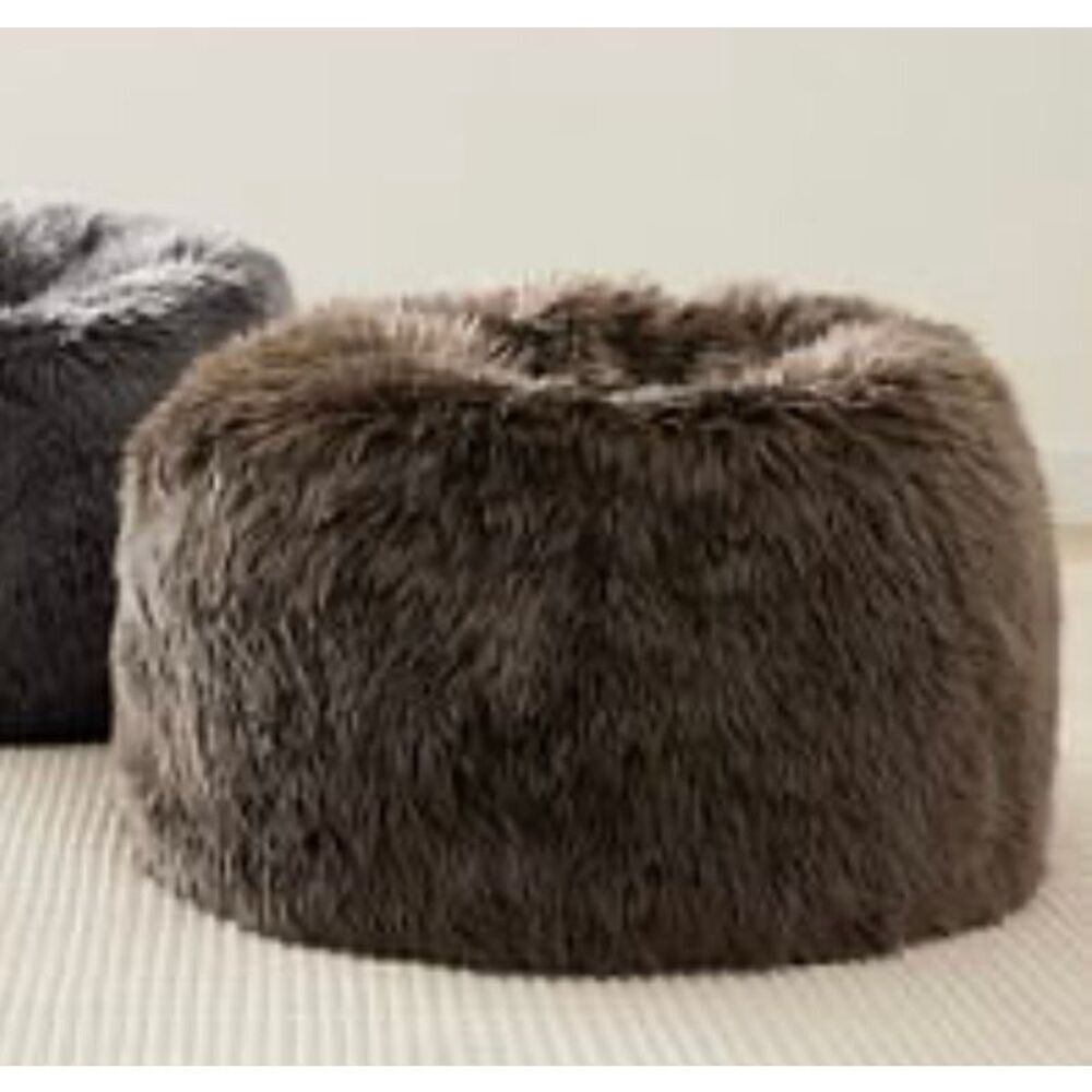 Pottery Barn Brown Faux Fur Round Pouf Ottoman Cover